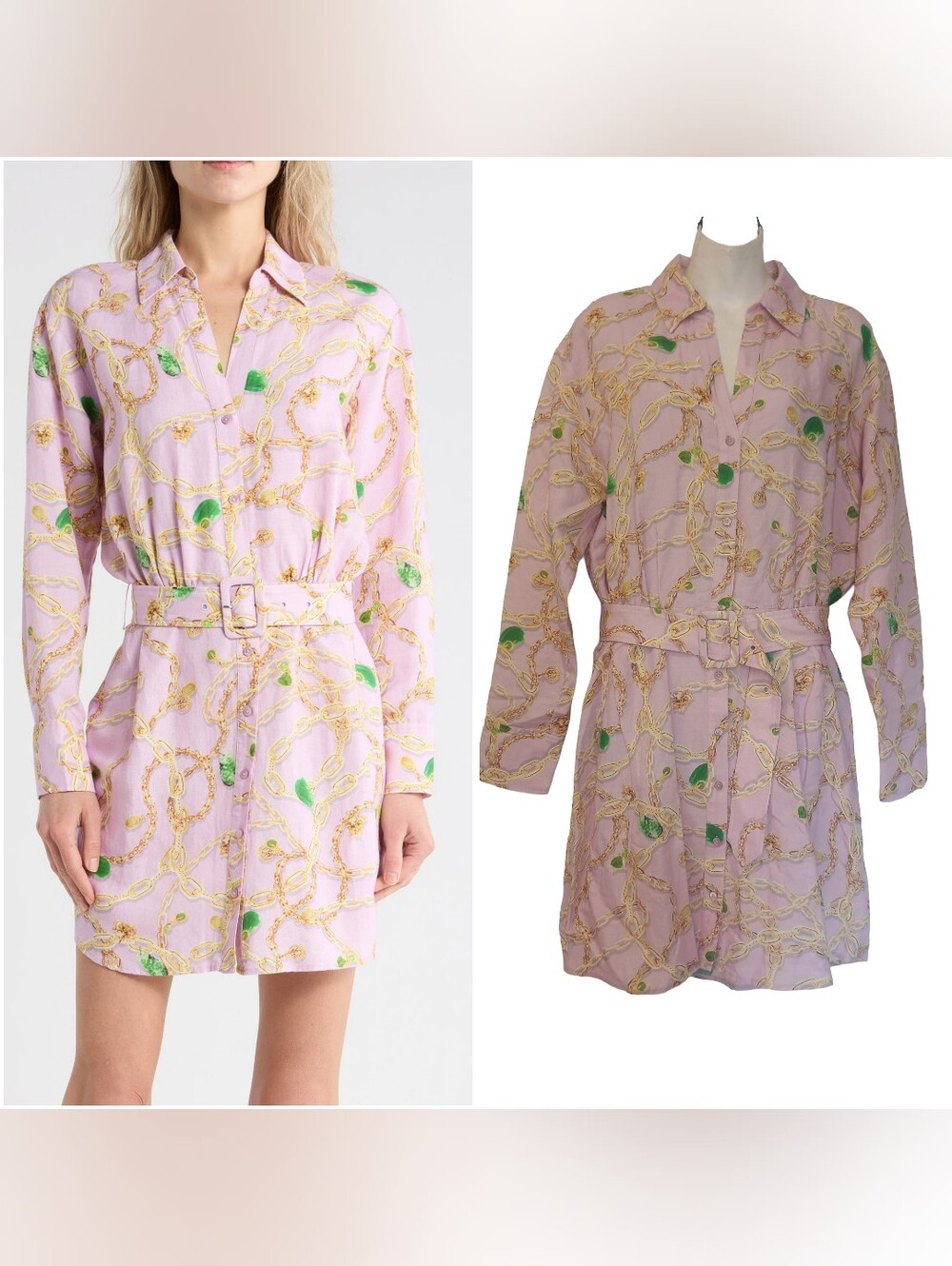 L'agence Denim Linen Blend Shirt Dress Chain Print Size: 8